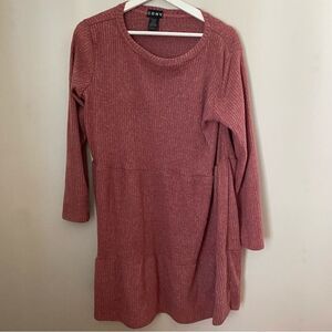 CENY Dress Babydoll Long Sleeve Pink Ribbed Crewneck Soft Casual Cute